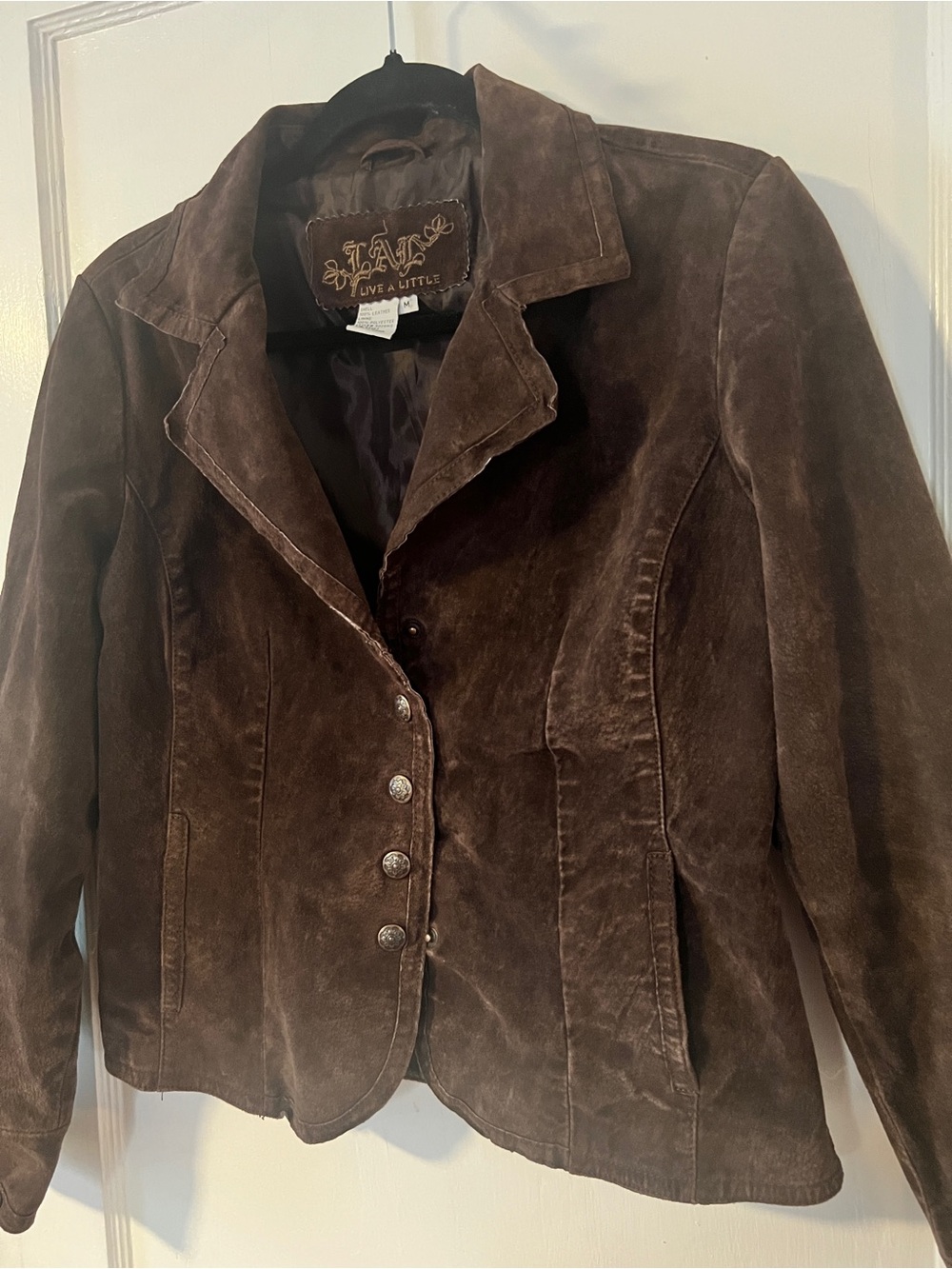 ✨VINTAGE 90s / Y2K Chocolate Brown Suede Leather Blazer Jacket Snap Up Size M